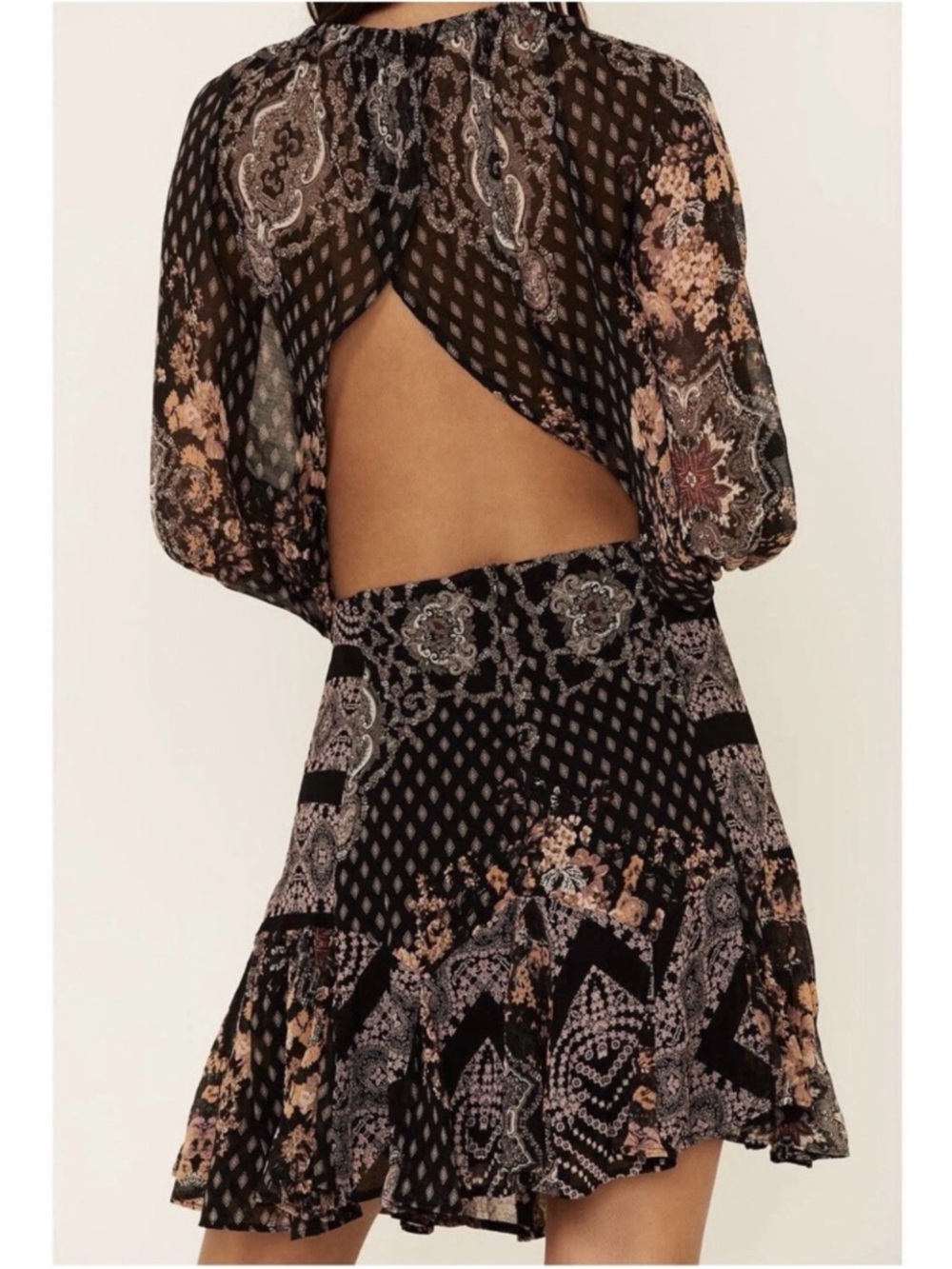 Free People Black and Taupe Paisley Long-Sleeve A-Line Dress - Picture 3 of 7
